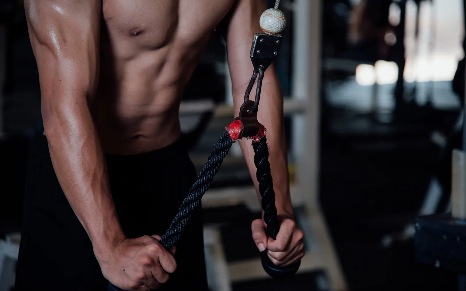Un hombre hace extensiones de tríceps con una cuerda en la polea de una máquina de gimnasio.