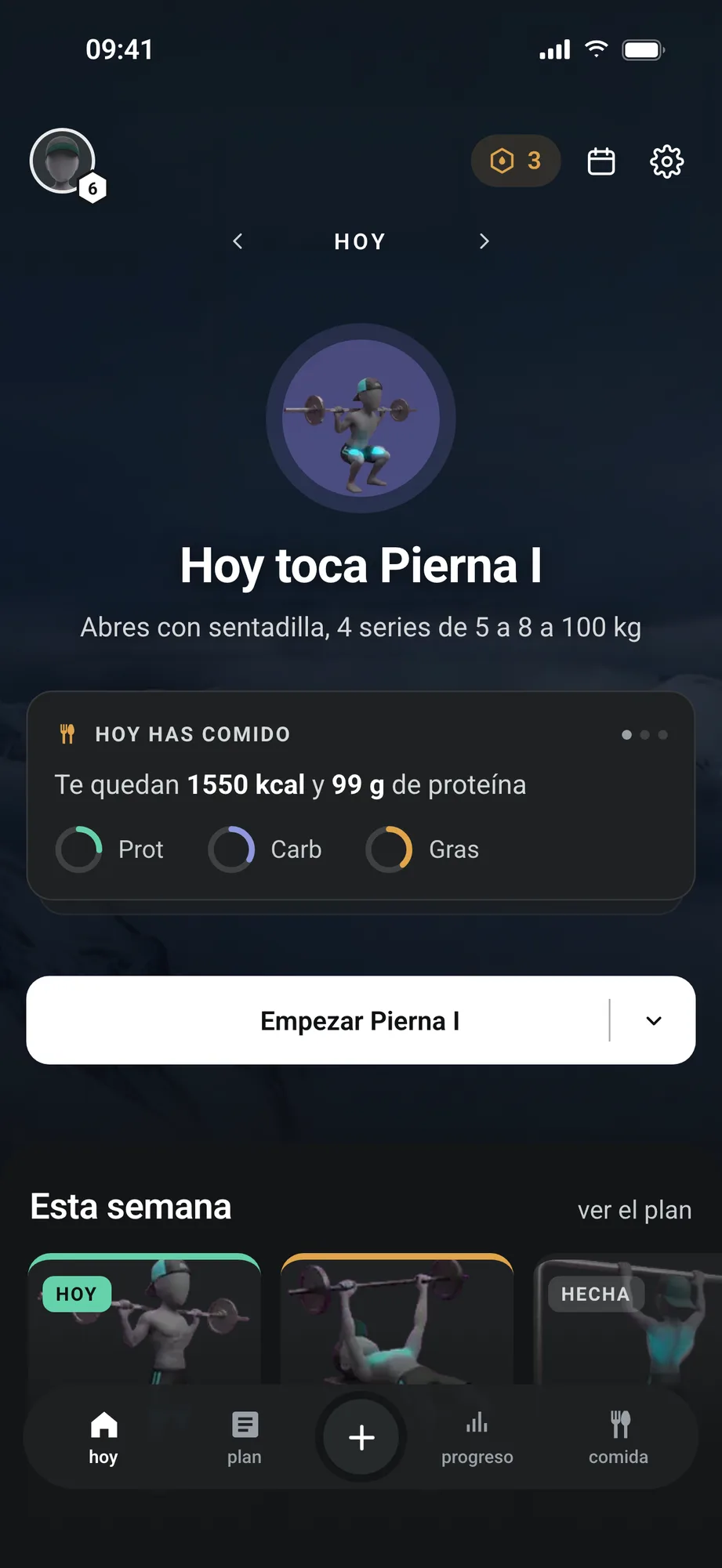 Pantalla de inicio de Molec: hoy toca Pierna I, abres con sentadilla, 4 series de 5 a 8 a 100 kg