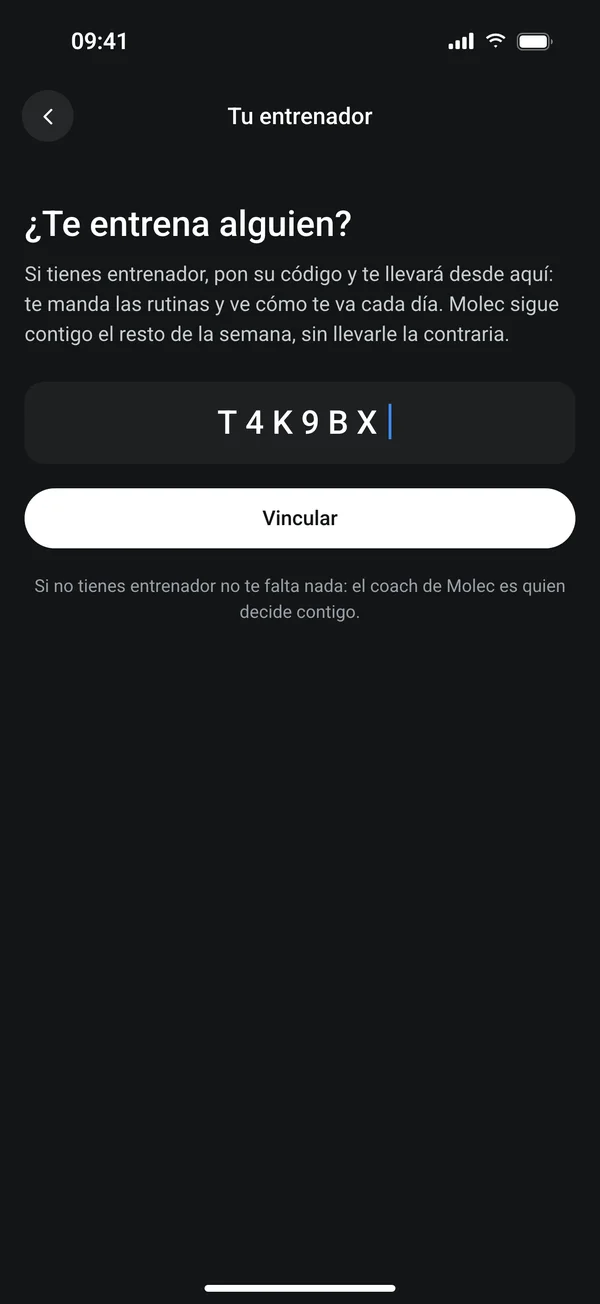 Pantalla de Molec en la que el cliente escribe el código de su entrenador