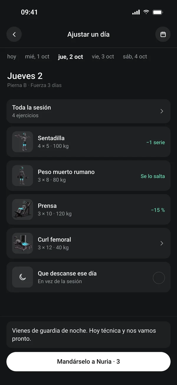 Pantalla de Molec para ajustar un día a un cliente, con el motivo del cambio
